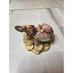 Vintage Feng Shui Dragon Turtle Figurine Pink Purple Baby Turtle Wealth Coins